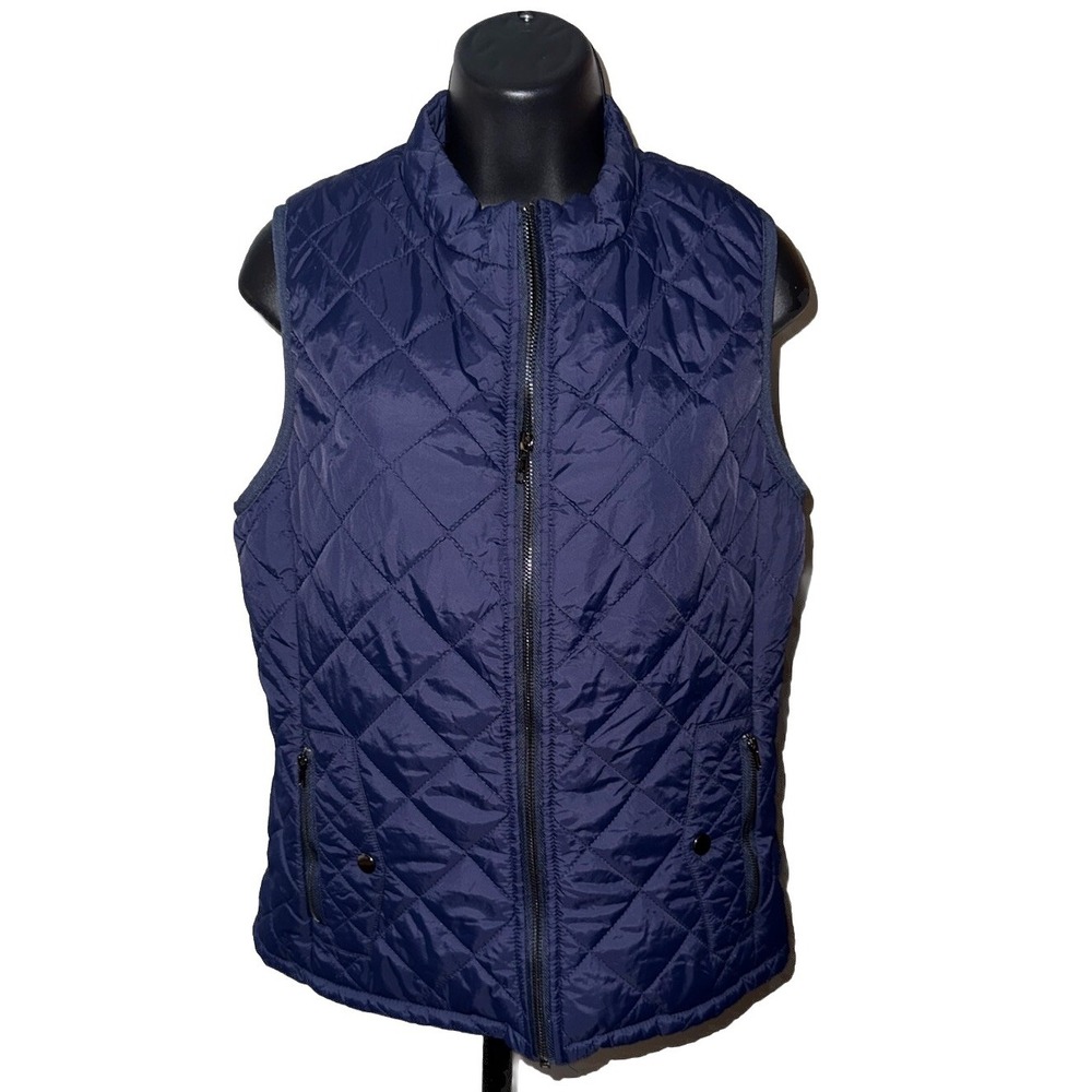 Fuinloth Women's Sz Small Quilted Navy Vest Stand Collar Lightweight Zip